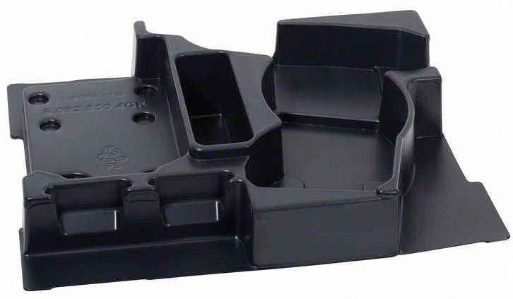 Black, structured plastic casing with multiple compartments and recesses, likely a component or mount for a device.