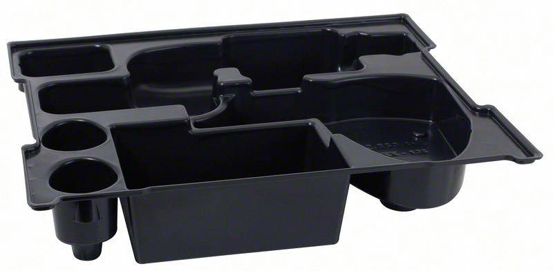 Black plastic multi-compartment organiser tray with various sections and holders, suitable for storing small items or office supplies.