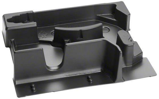 A black plastic component with multiple compartments and grooves, presumably an insert or holder for packaging or transportation.