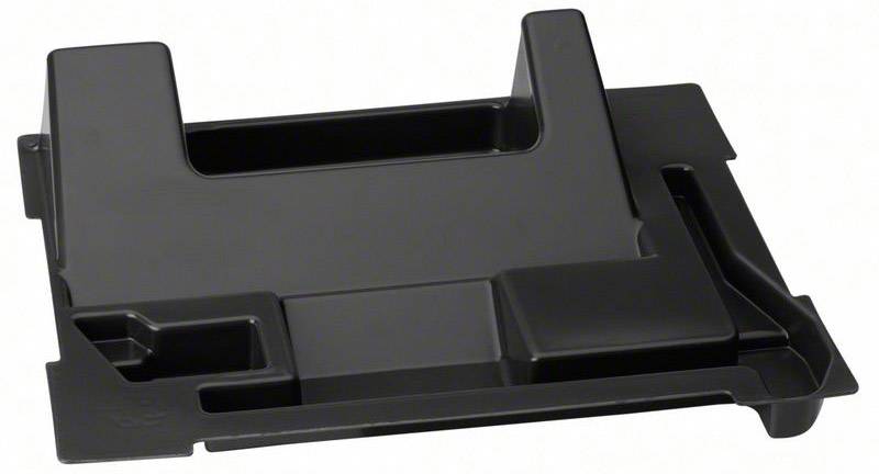 A black plastic tray with multiple compartments and raised edges, suitable for storage or use in packaging.