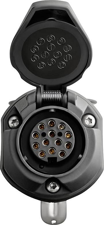 Black 13-pin trailer socket with open lid, showing the electrical connections, suitable for connecting vehicle and trailer.
