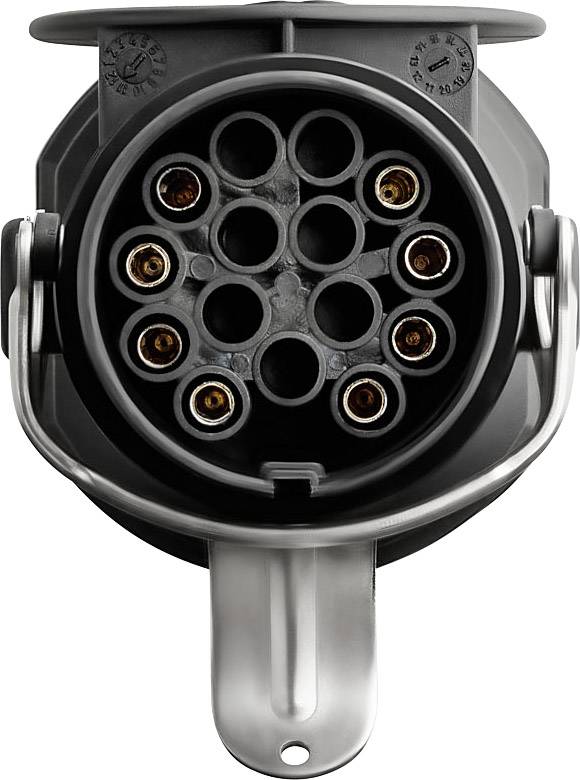 Electric plug connector with round contacts for vehicle charging. Shows a standard socket for electric vehicles.