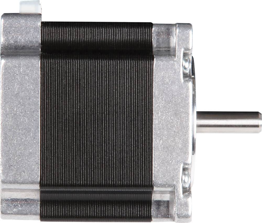 A silver stepper motor with black windings, shown from the side. The motor has a visible shaft on the right side.