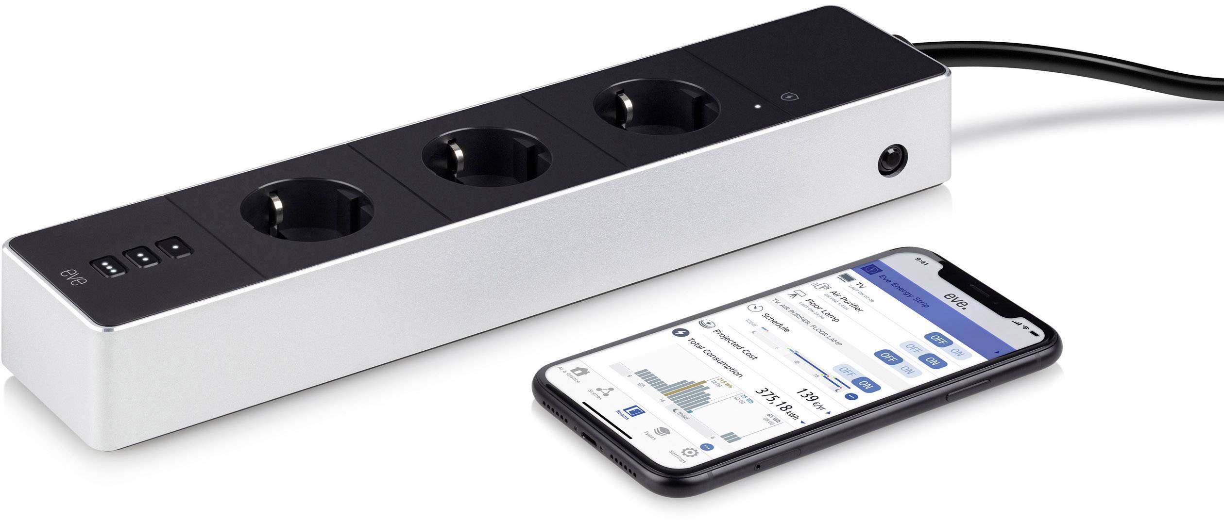 Eve home 10EAZ8301 Wi-Fi power strip 3x Black, White PG connector 1 pc(s)
