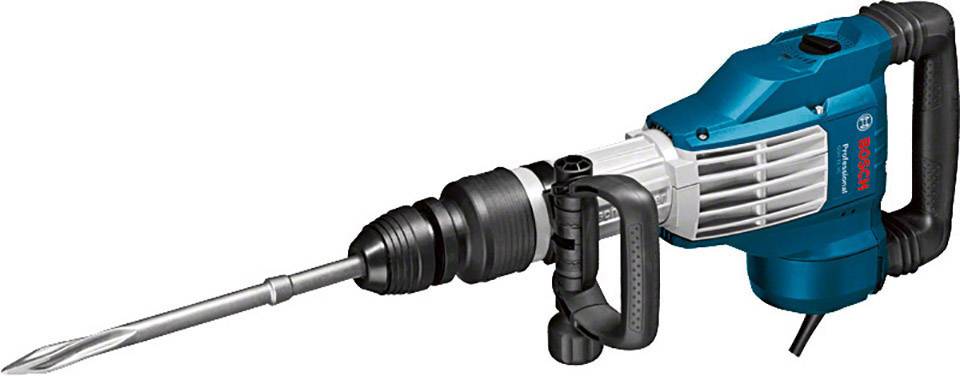 A blue hammer drill with a long chisel. The device has a black handle and cable, suitable for heavy construction work.