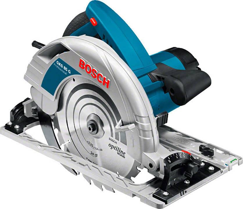 Bosch hand-held circular saw with blue and silver casing. It has a black handle and is mounted on a metallic guide rail.