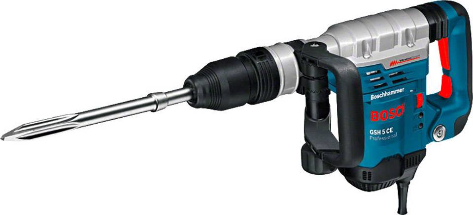 A blue Bosch demolition hammer with a black handle and silver drill bit is pictured at an angle. Model number is visible.