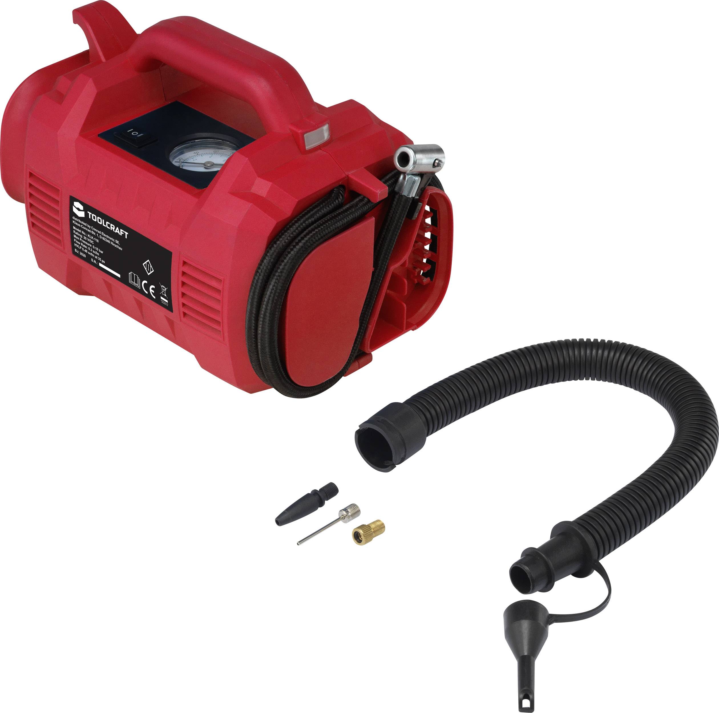 Robust electric air pump with hose and accessories, suitable for inflating tyres and balls. Includes pressure gauge.