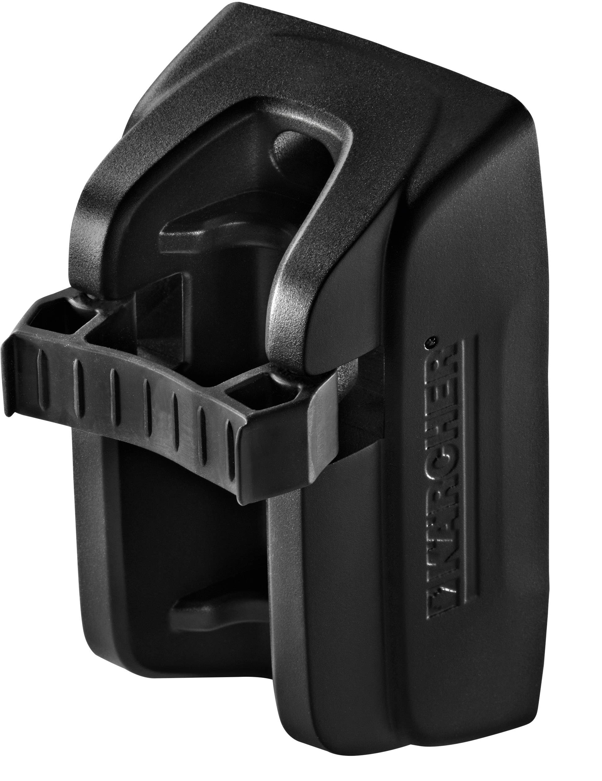 Black plastic holder for power tool batteries, with recesses for secure mounting on walls or workbenches.