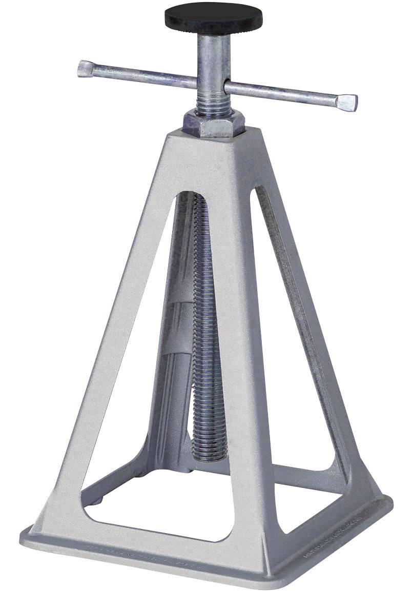 Metal jack with a triangular base and rotating handle for height adjustment.