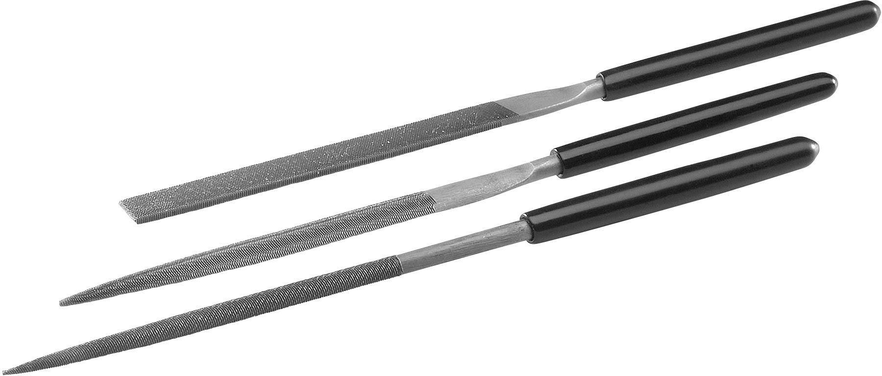 Three metal files with black handles; rectangular at the top, round in the middle, tapering to a point at the bottom, on a white background.