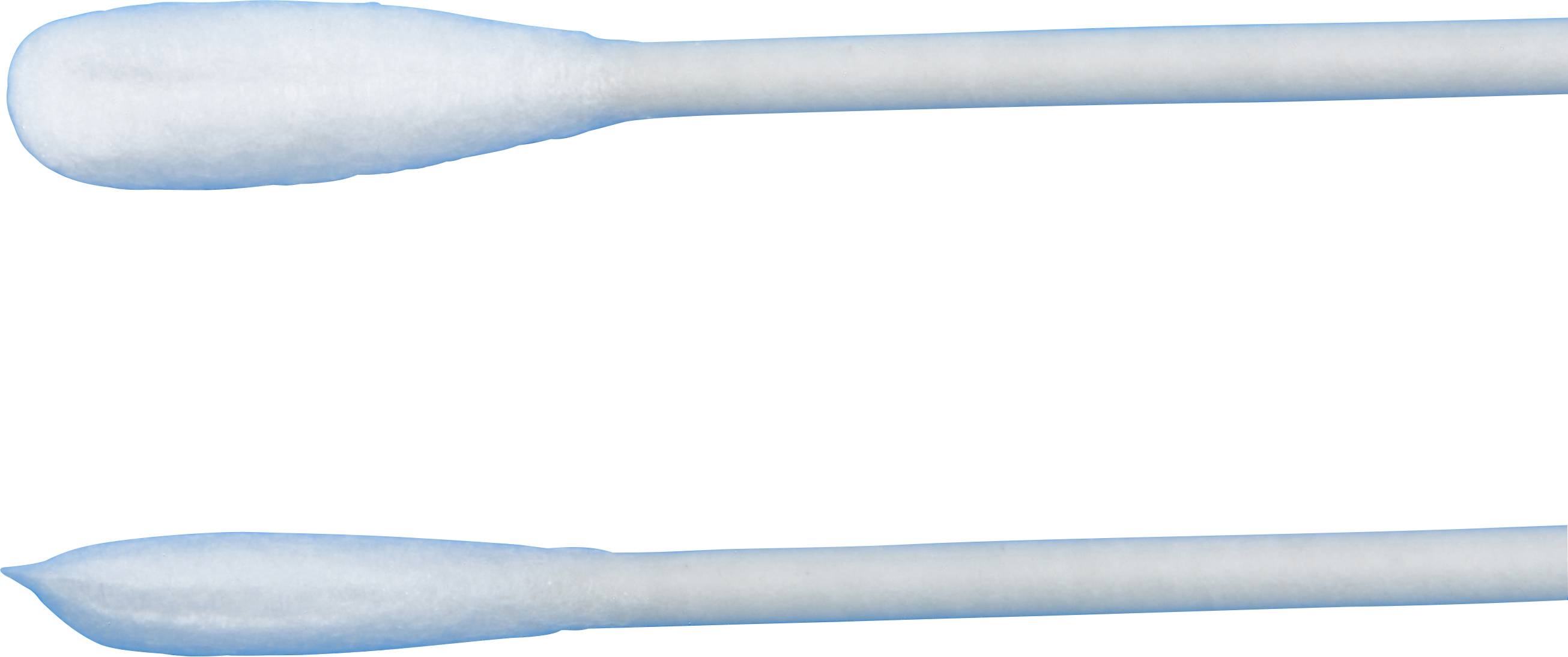 Two cotton buds, aligned horizontally, with blue cotton tips, on a white background.