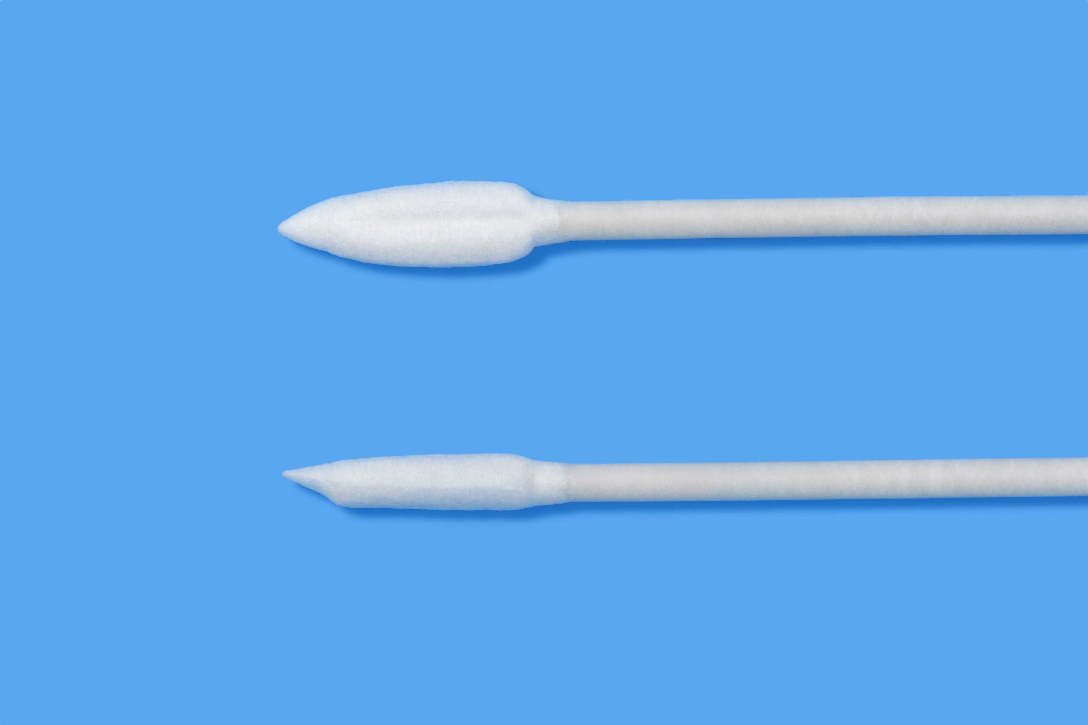 Two cotton buds on a blue background, one at the top and one at the bottom. Both are white with narrow, tapered ends.