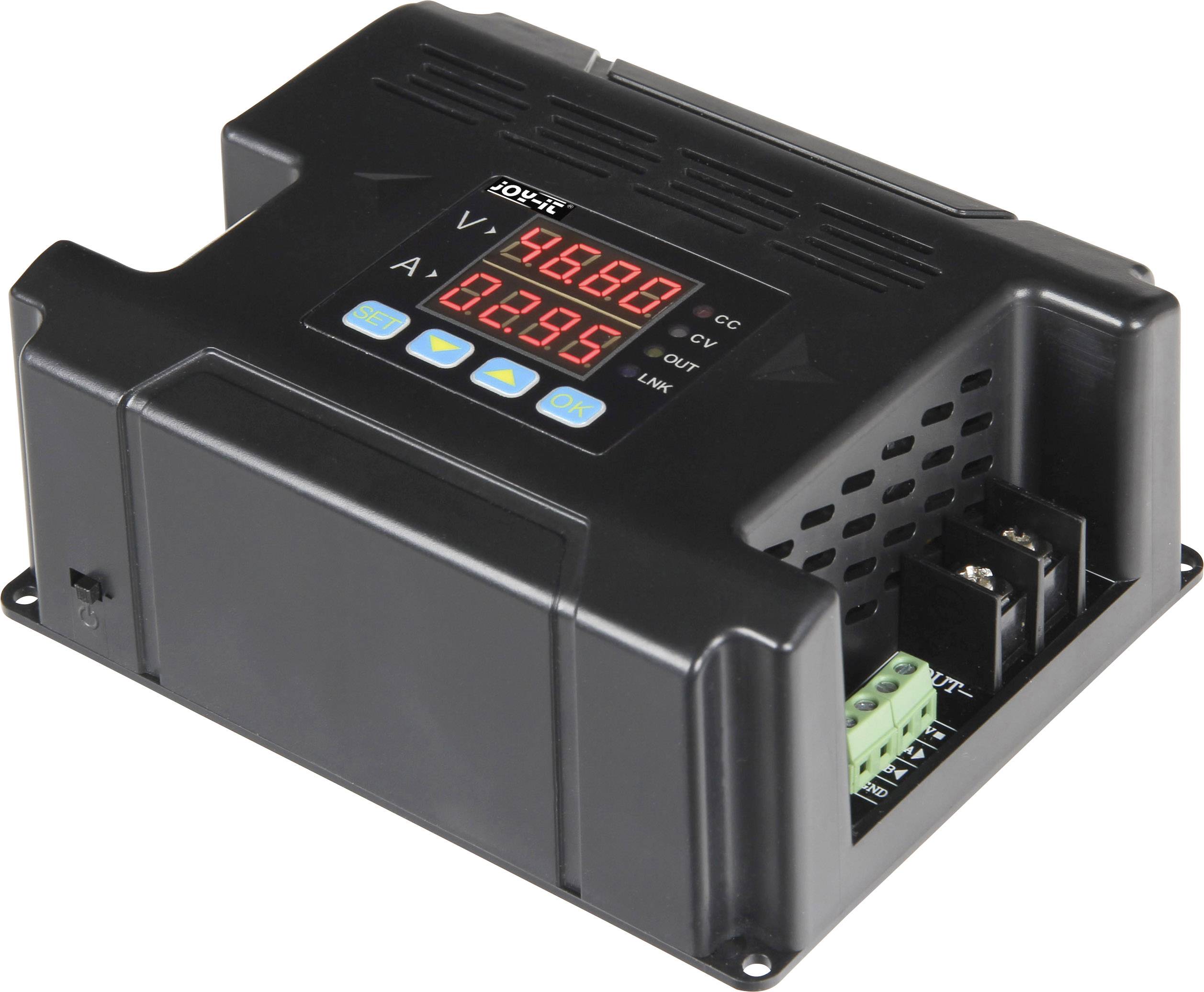 Electronic device with display, showing '46.88 V' and '0.235 A', black plastic casing, green connection terminals, labelled 'DOK'.