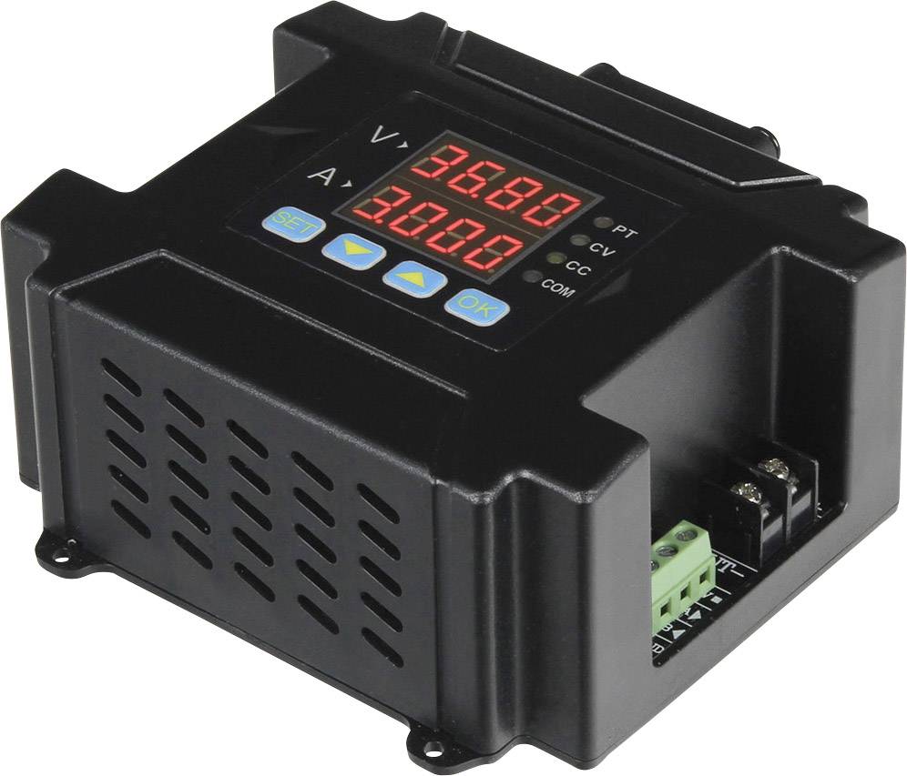 Black electronic device with digital display showing '36.60 V' and '3.00 A'. Contains multiple connections and buttons.