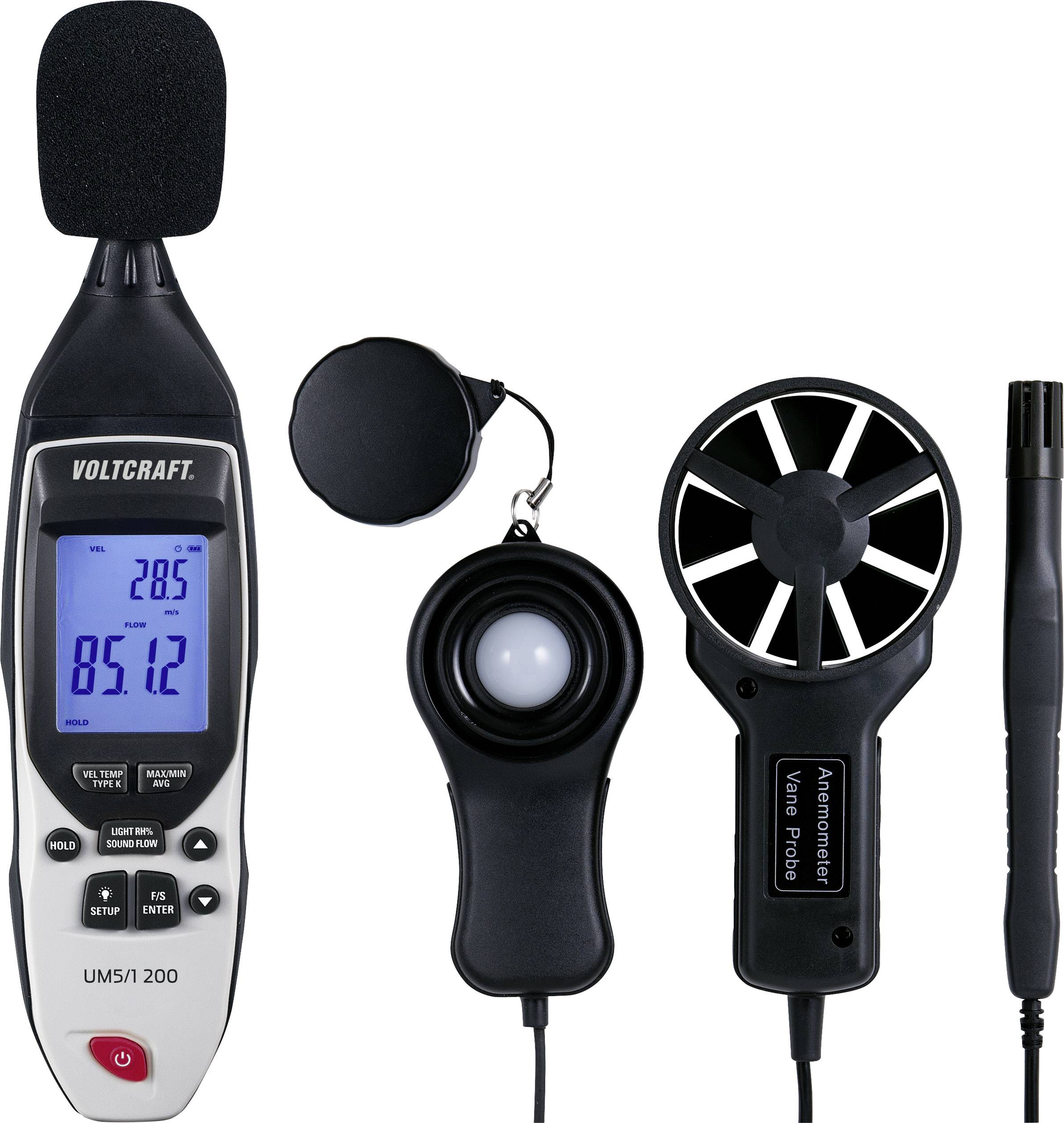 Voltcraft environmental measurement set with sound pressure level meter, light meter, wind speed meter and thermometer, on white background.