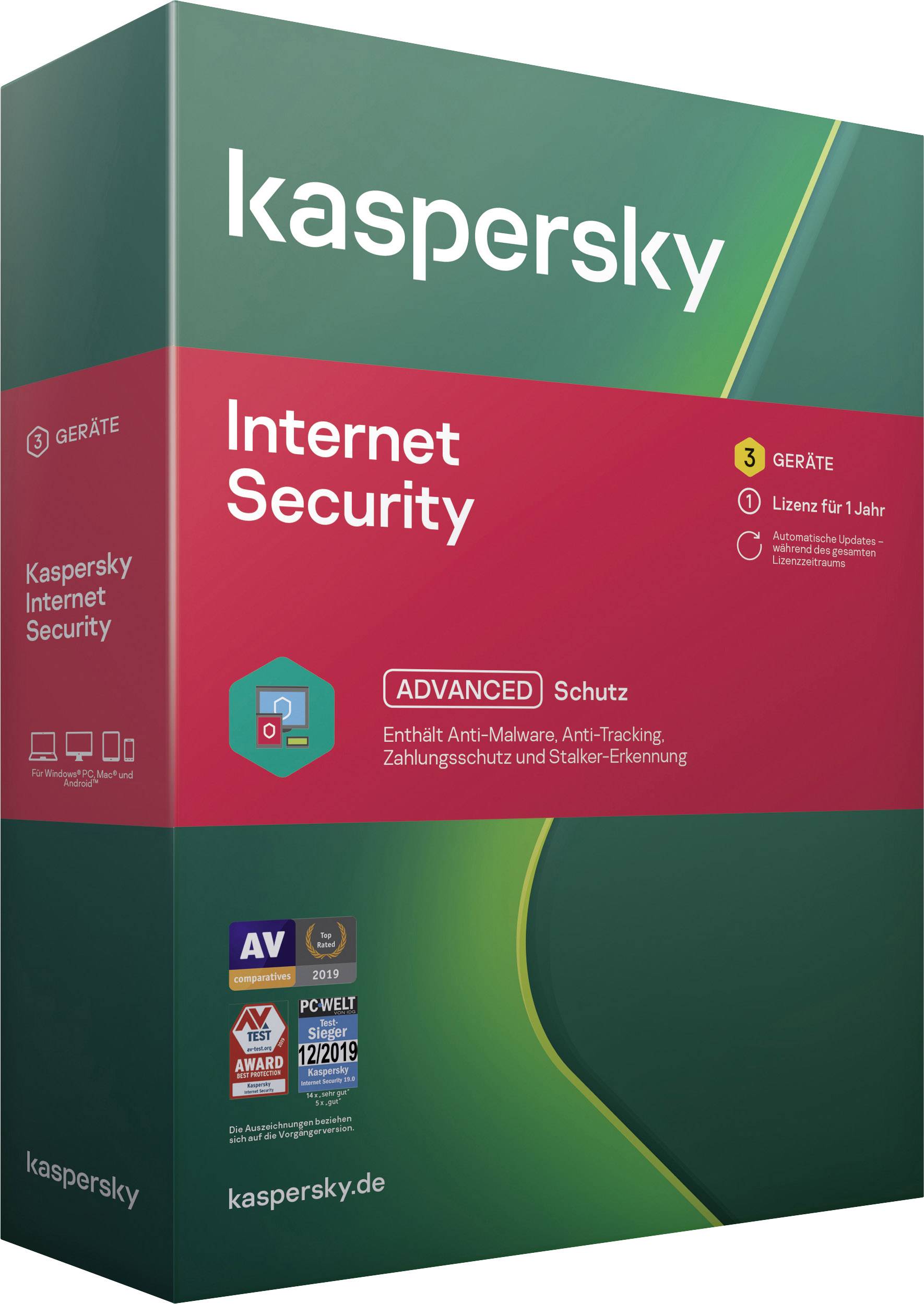 Kaspersky Internet Security (Code in a Box) Full version, 3 licences Windows, Mac OS, Android Antivirus, Security