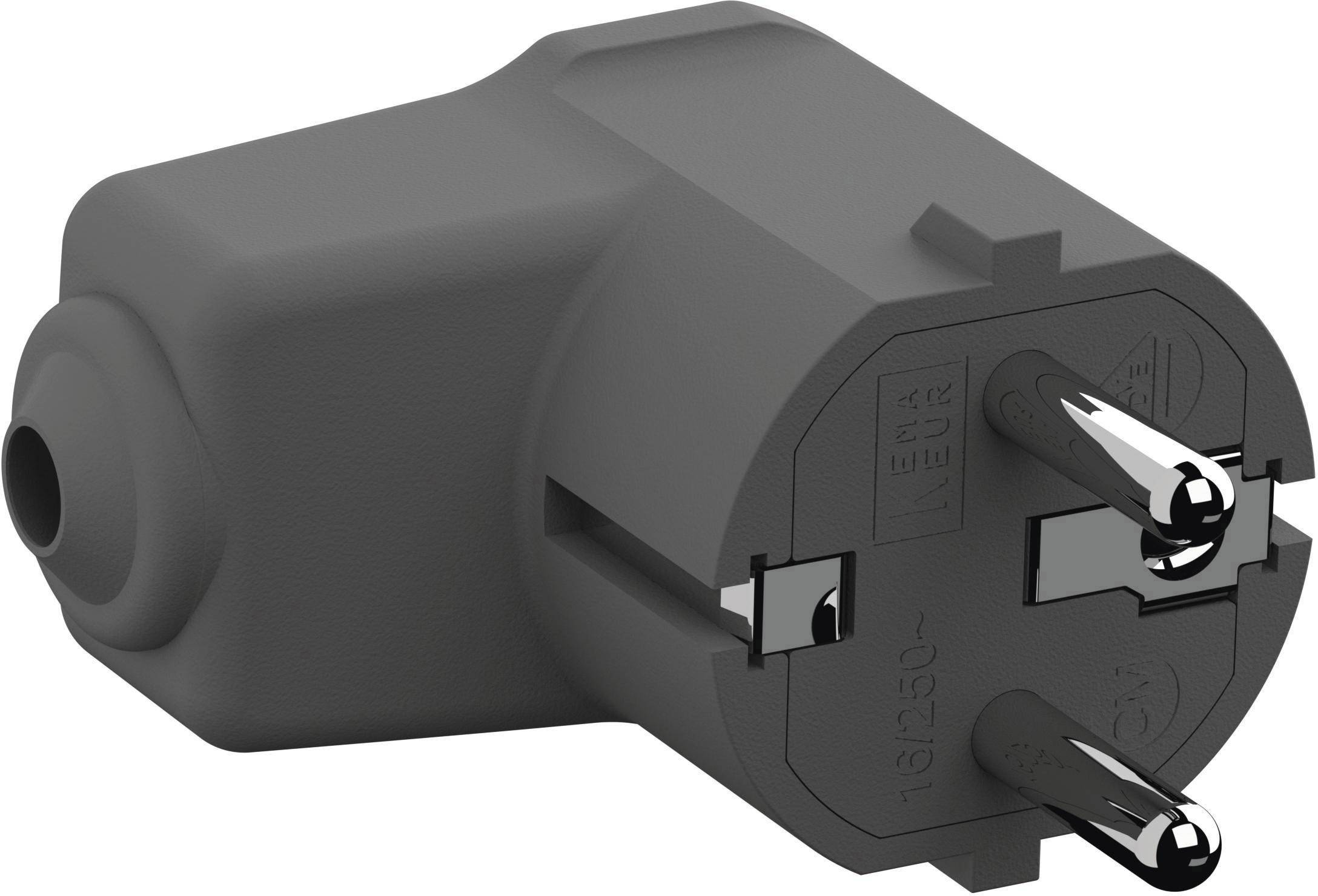 A black and grey Schuko plug adapter with two round pins and earthing, side orientation, suitable for EU power sockets.