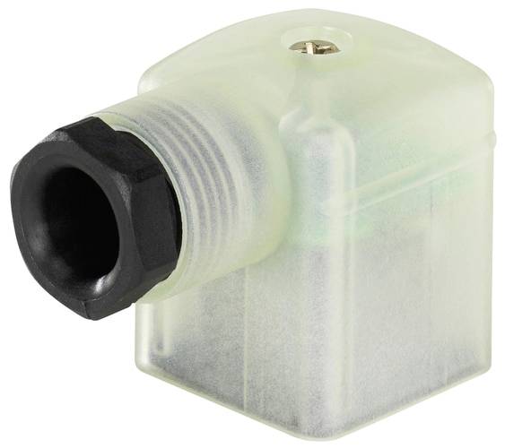 A translucent plastic plug with a black screw cap; commonly used for electrical connections in industrial applications.