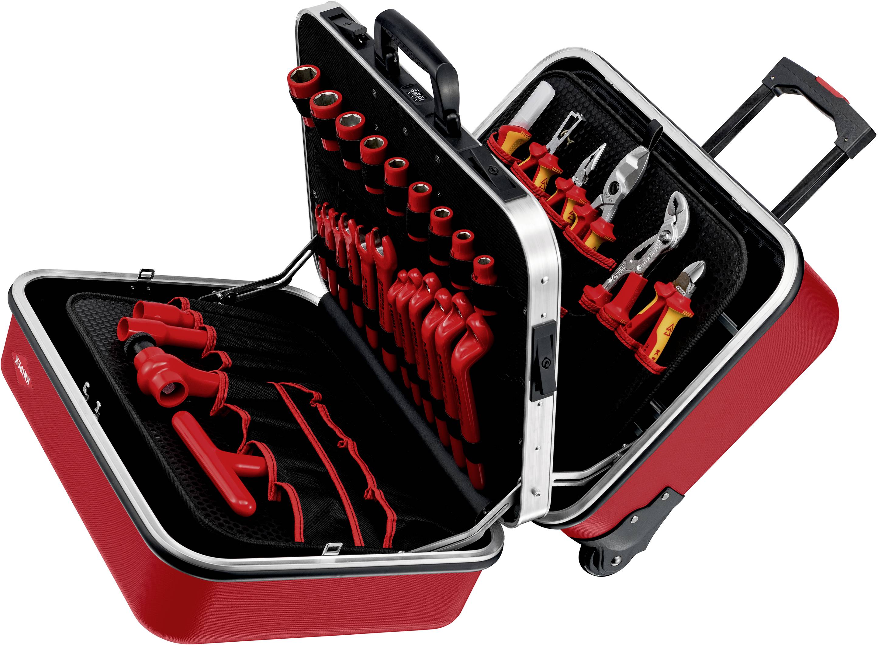 A red toolbox with an open lid reveals an organised collection of various hand tools in moulded holders.