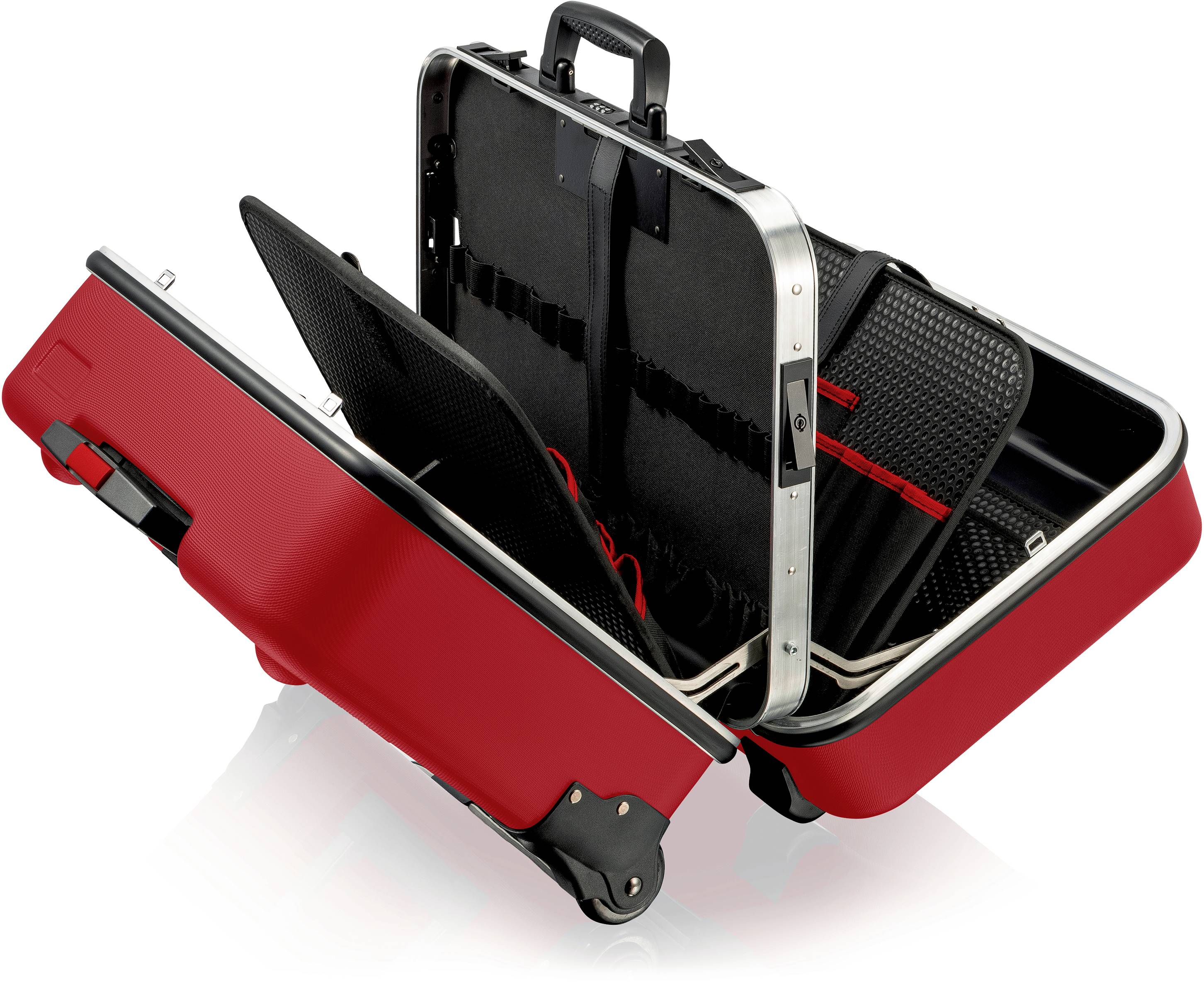 Red, open suitcase with wheels, showing interior compartments, suitable for travelling.