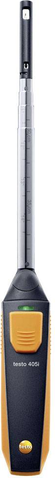 A digital measuring device with an elongated calibration rod, black and orange, featuring a display and a green indicator light.