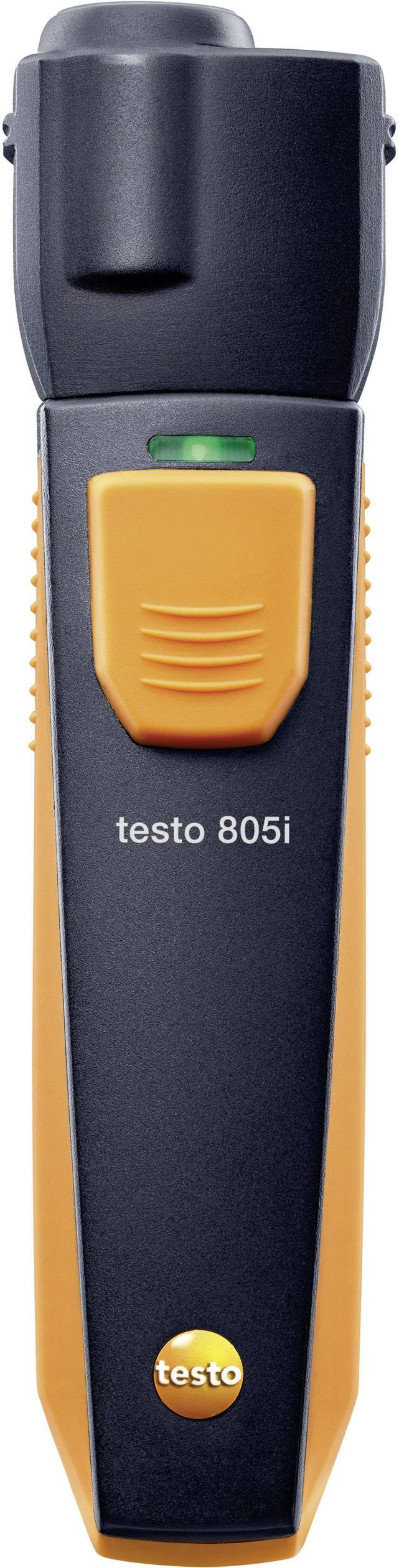 A black and orange infrared thermometer by testo, model 805i, with a green indicator at the top.