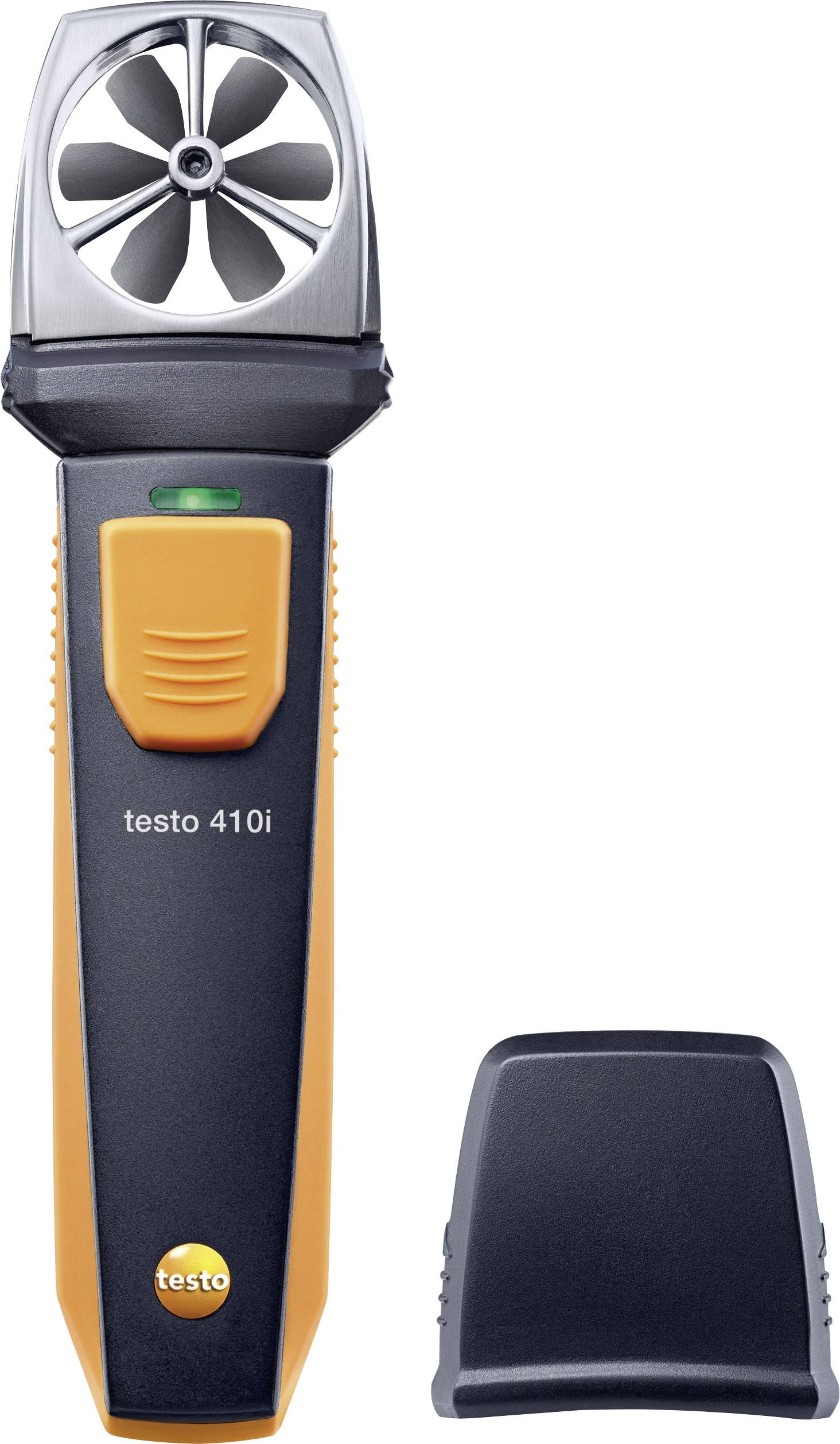 A digital anemometer with a small propeller on top. The device is black and orange with the inscription 'testo 410i'.
