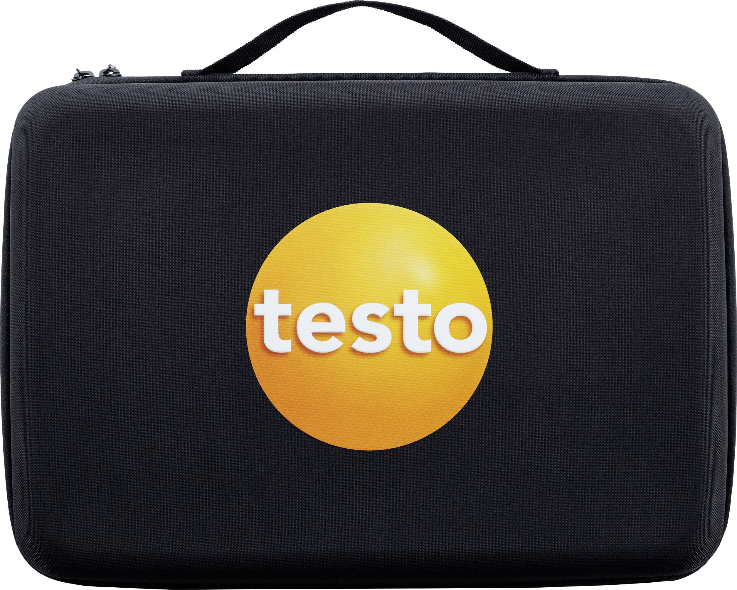Black suitcase with an orange logo and the word 'testo' on it.