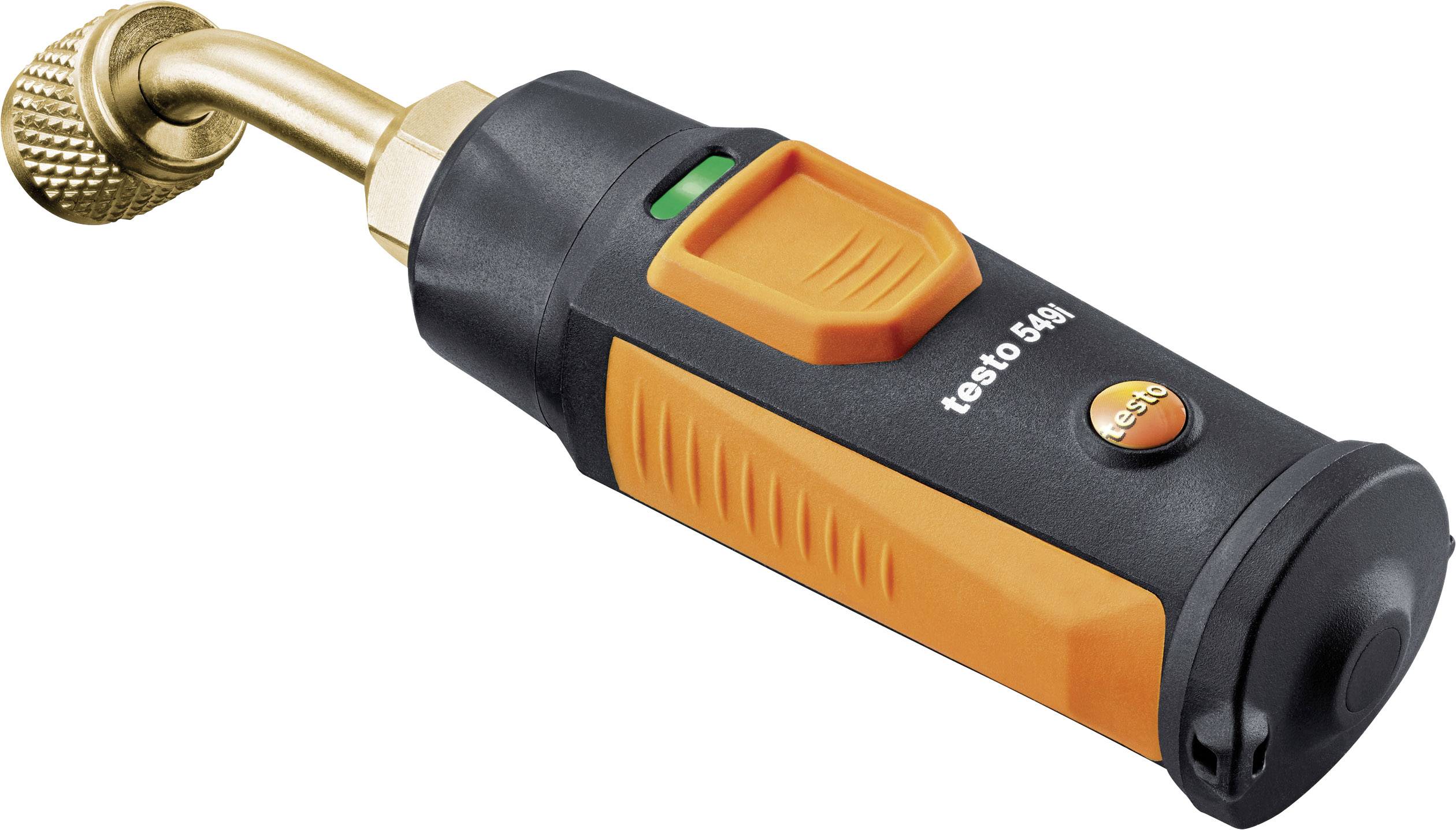 'Testo 549i' HVAC measuring device with Bluetooth functionality, compact and portable, for wireless pressure measurement and system diagnostics, black and orange.