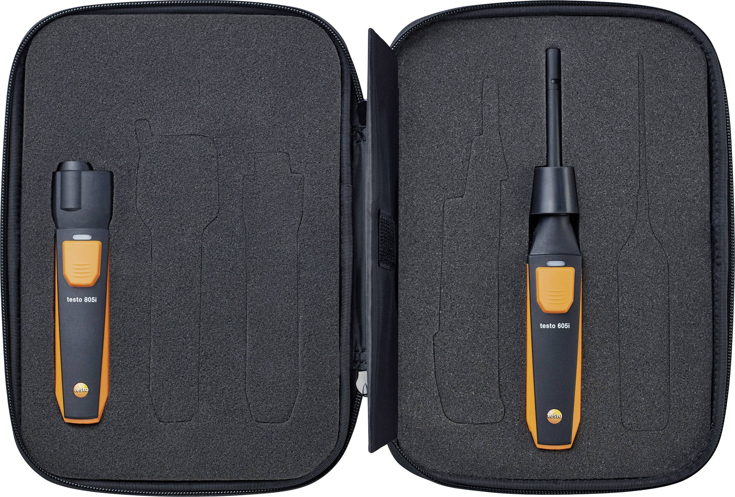 An open case containing two handheld devices for air measurement, one short and the other with a long probe, coloured black and orange.