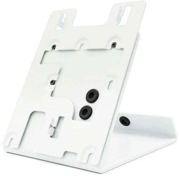 A foldable stand with adjustable holders, suitable for tablets or small displays, made of white material.