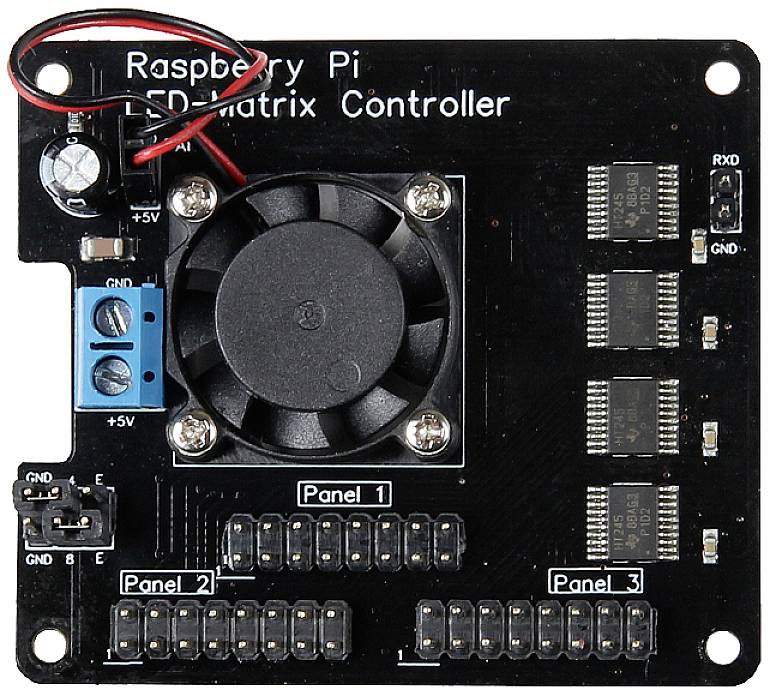 Raspberry Pi LED Matrix Controller Board with Fan, Connectors and Components for Controlling LED Matrix Displays.