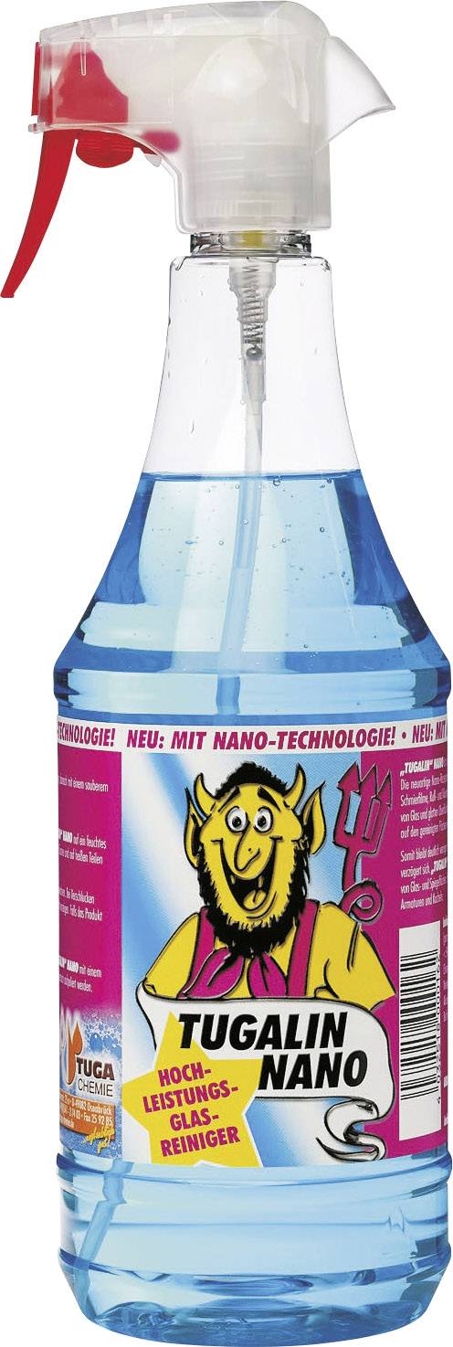 A spray bottle with blue liquid cleaner, labelled 'Tugalin Nano High-Performance Glass Cleaner', shows a devil figure.