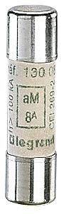 'Ceramic fuse with 8A and aM-Type. White cylinder with metal caps. Marked with 'Legrand' and technical details.'