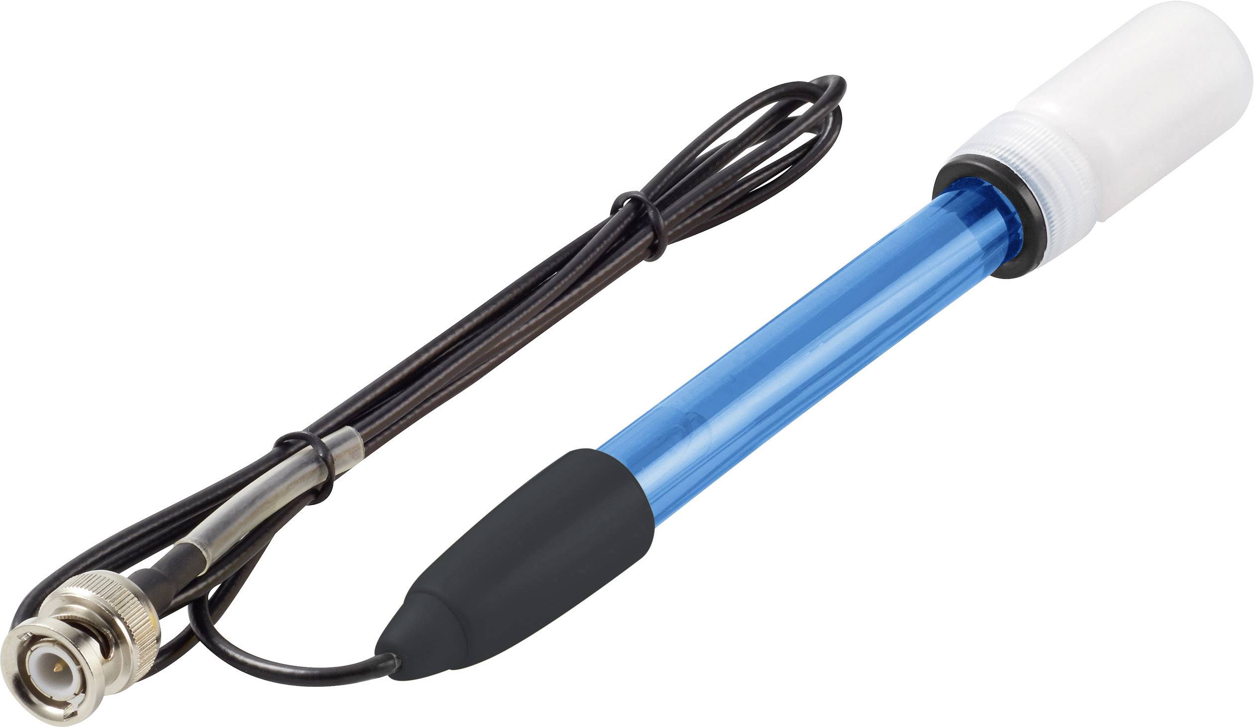 A pH electrode with a blue shaft and black cable, terminating in a plug connector.
