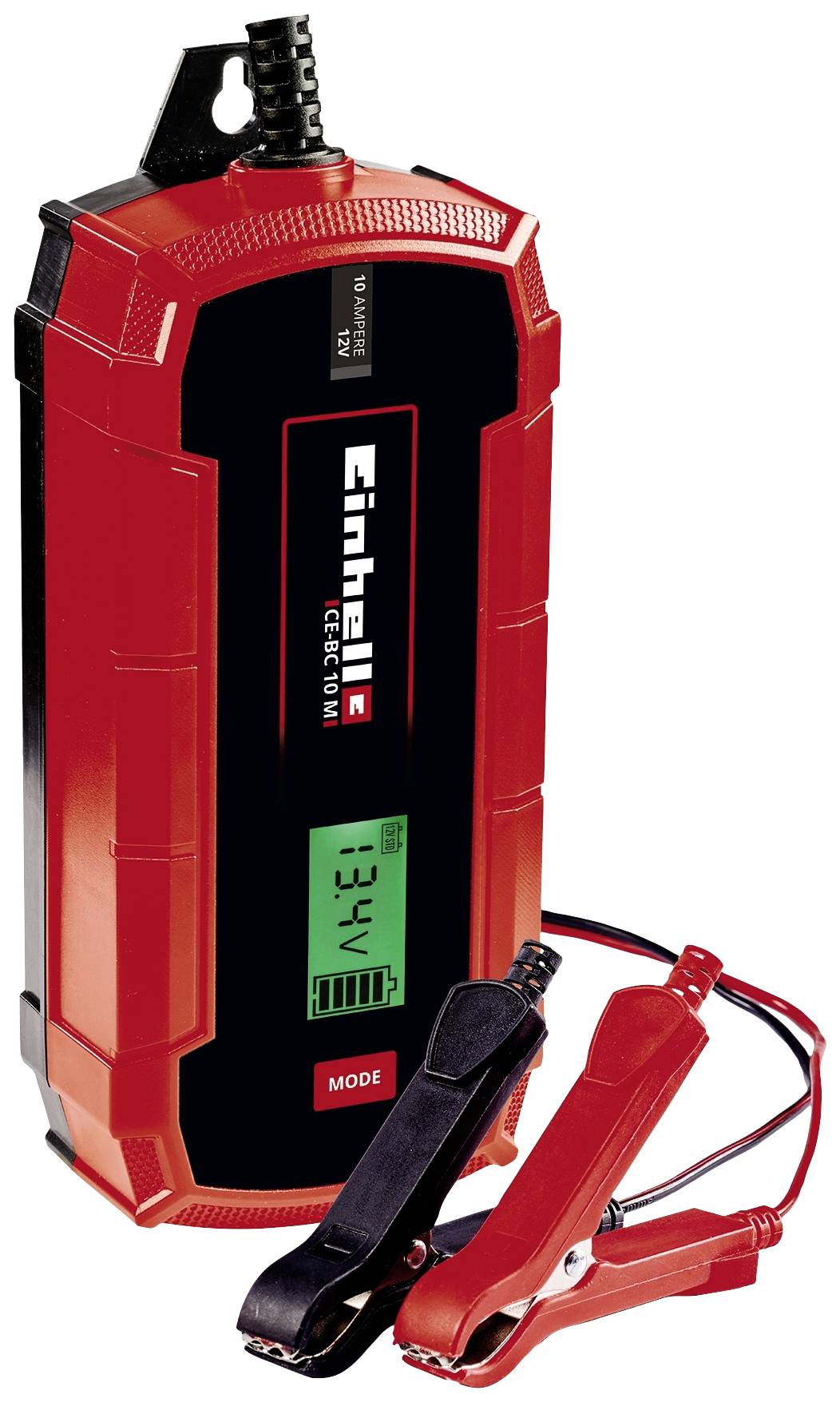 Red Einhell car battery charger with digital display showing '13.4V'. Two cables with clamps for connection.