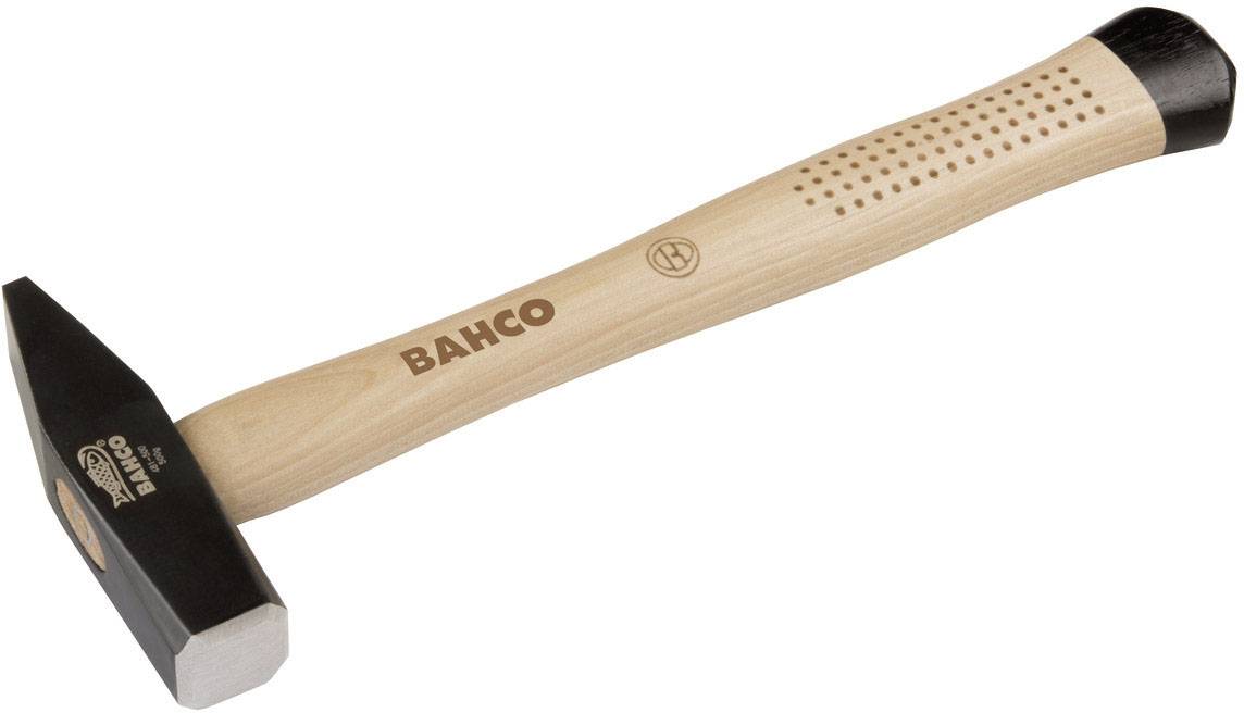 A hammer with a wooden handle and black head lies flat. 'BAHCO' is written on the handle.