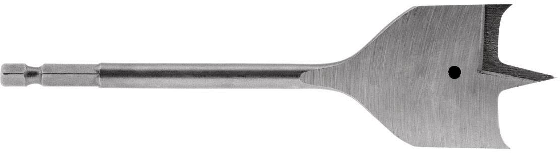 Flat wood drill bit made of metal with a wide, flat head and a point in the centre, suitable for drilling large holes in wood.