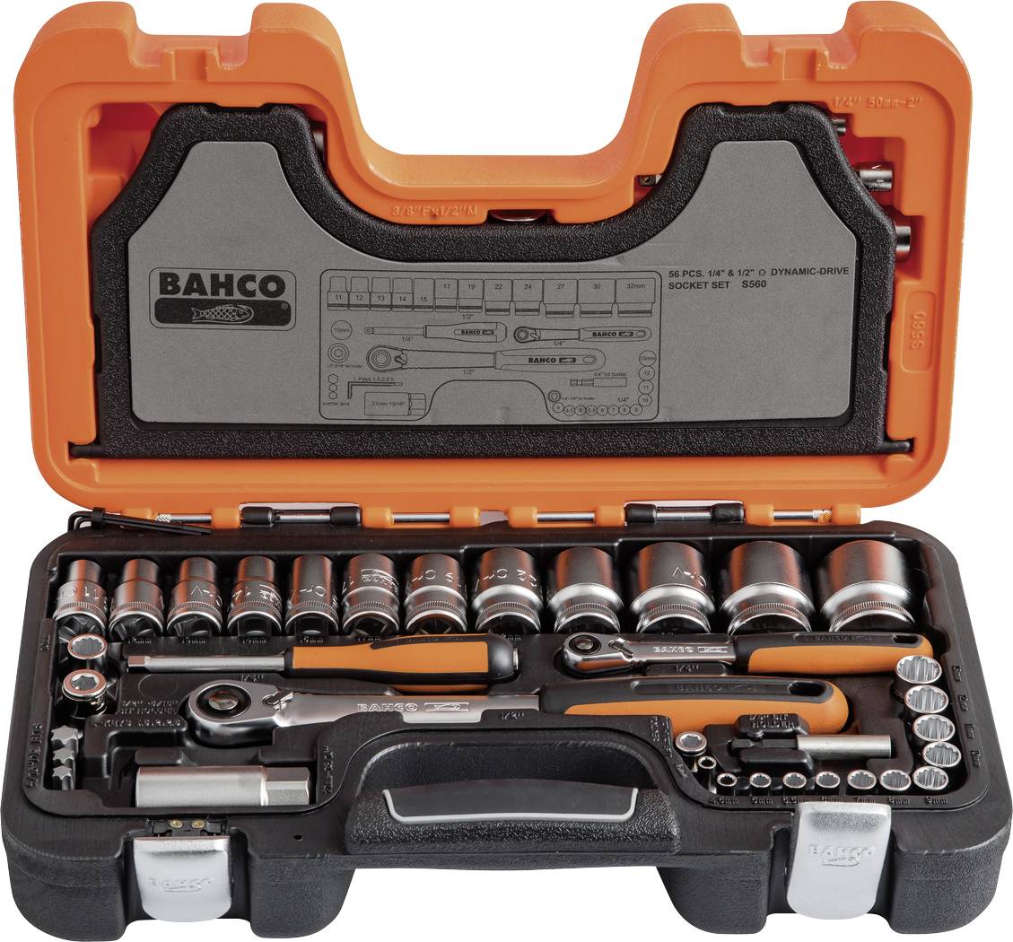 Tool kit with socket set, ratchet and extensions, in orange and black case. Brand 'Bahco', 45-piece set.