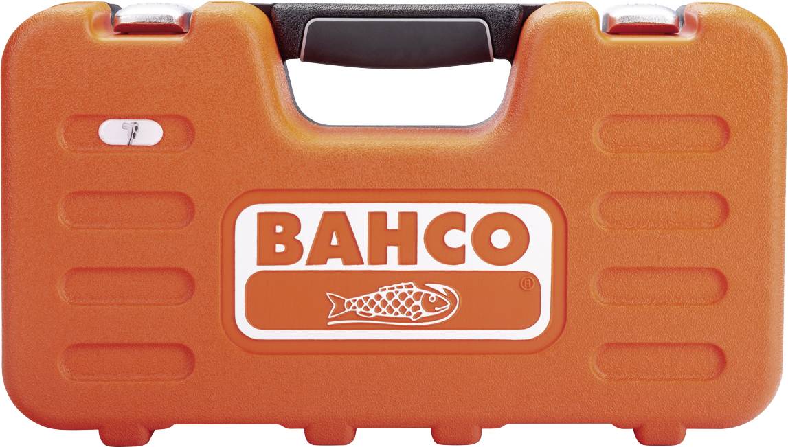 An orange tool case with the 'BAHCO' lettering and a fish logo. The case has a black handle.
