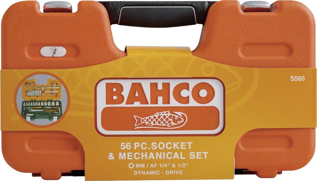 'Orange Bahco tool case. Contains a 56-piece socket set, suitable for 1/4
