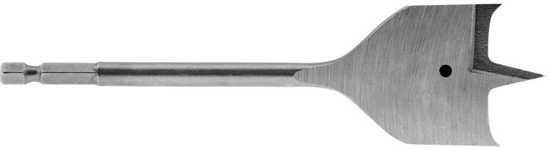 Flat metal drill bit with a pointed cutting edge, suitable for drilling large, shallow holes in wood.