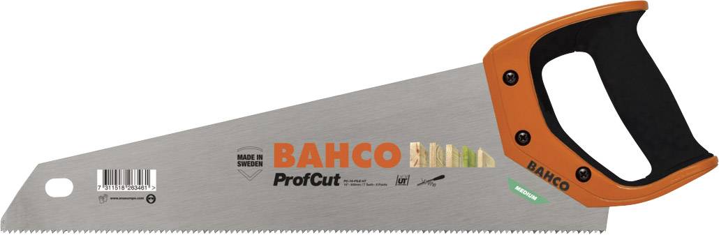 Handsäge mit orangenem Griff und schwarzer Gummierung, Markenaufschrift 'BAHCO ProfCut', geeignet für Holzarbeiten.
