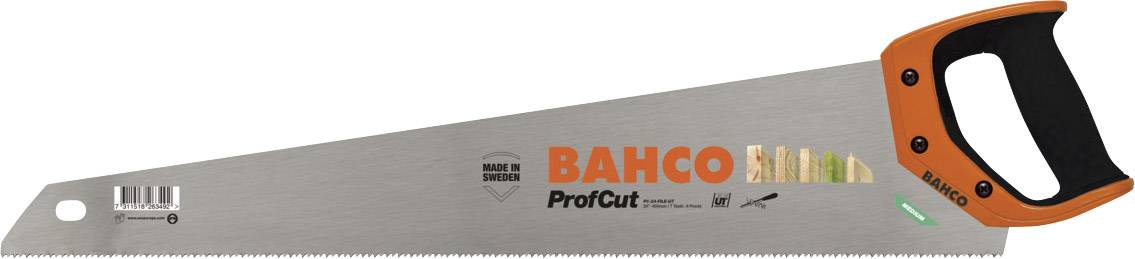 Handsäge von Bahco mit schwarzem Griff und silberner Klinge, Markenname 'ProfCut', geeignet für Holzarbeiten.