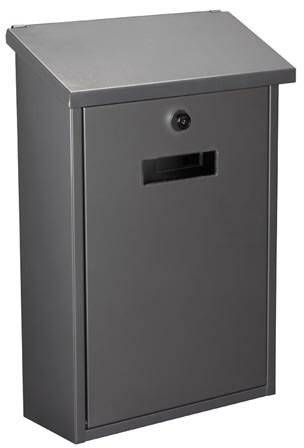 A modern, rectangular metal letterbox with a sloped roof and a slot on the front side.