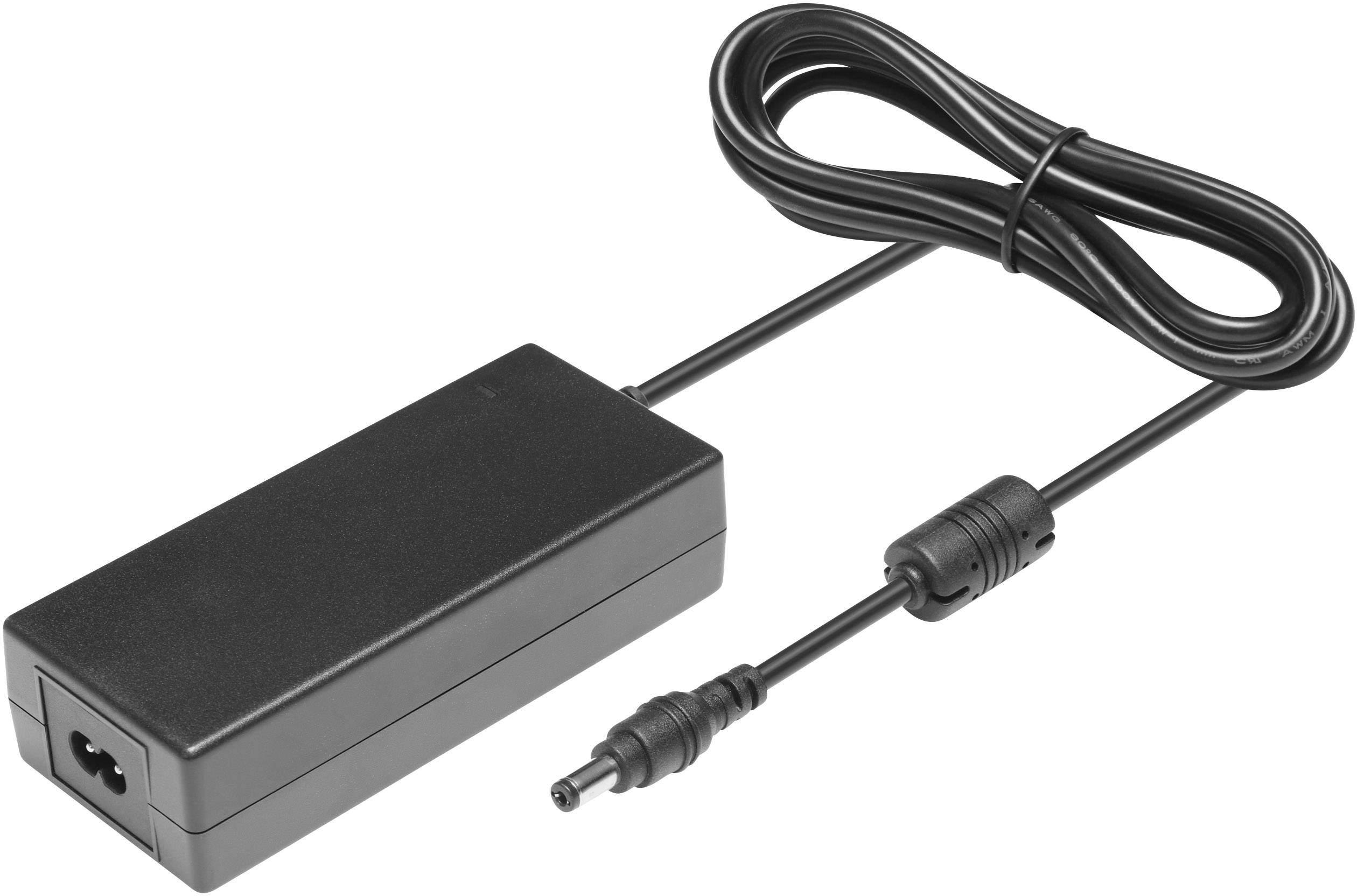 A black power adapter with a long, thin cable and a plug at the end, suitable for electronic devices.