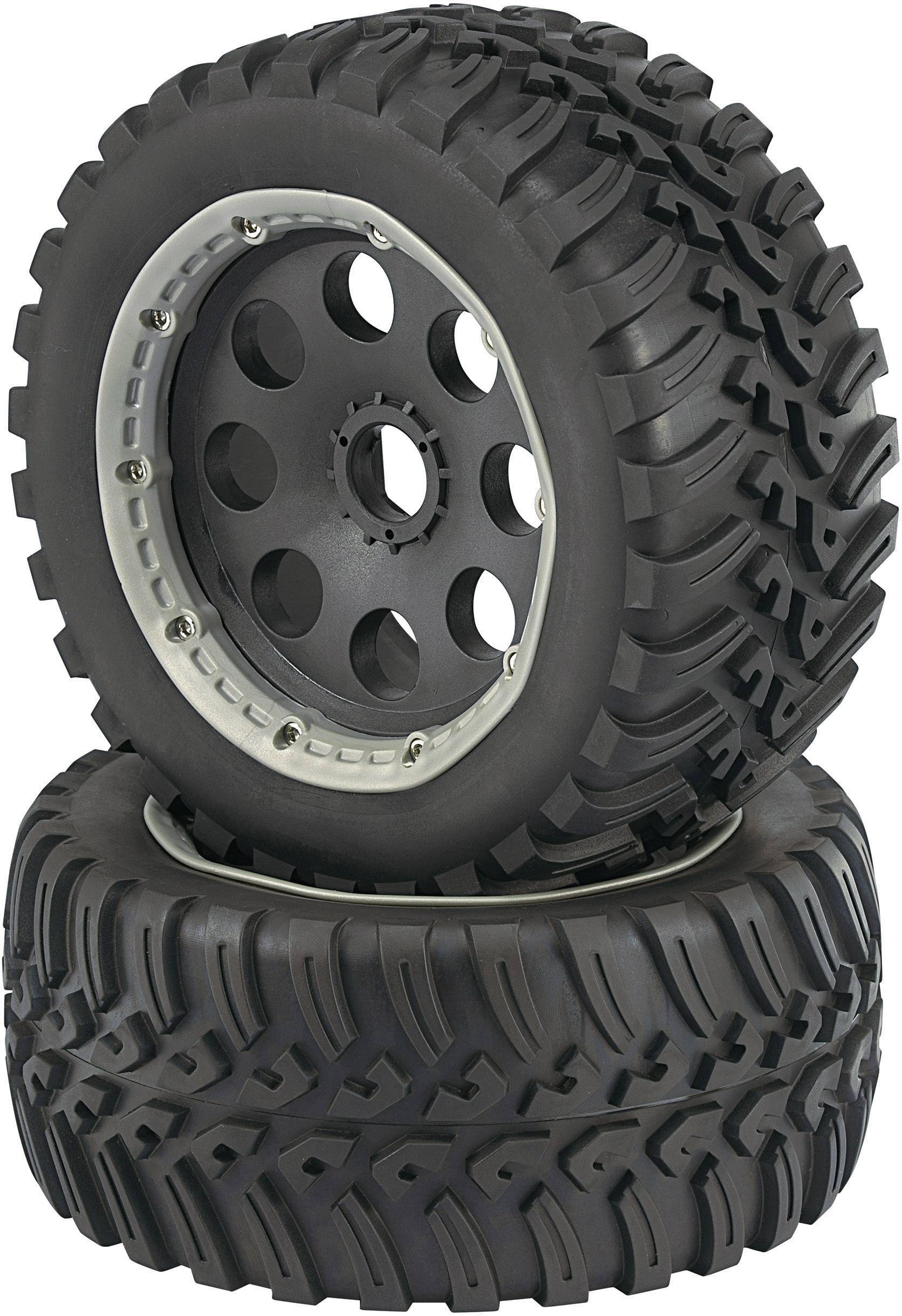 Two large, black tyres with chunky tread patterns, one standing upright, the other lying down. Suitable for off-road vehicles.
