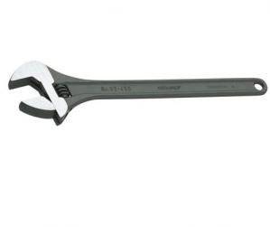 Adjustable spanner with a black handle and silver jaws, suitable for tightening and loosening nuts and bolts.