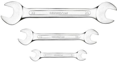 Three silver fork spanners of different sizes from the GEDORE/rad brand. Sizes: 22-20, 15-14, 11-10.